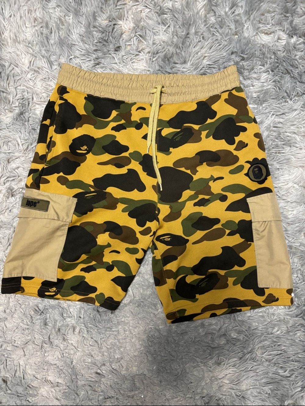 Bape Yellow Camo Cargo Shorts with Tan Pockets